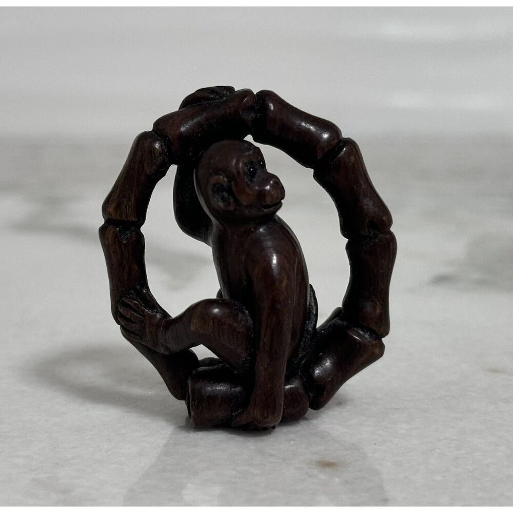 Vintage Japanese Wooden Netsuke Carved Monkey Figurine Signed